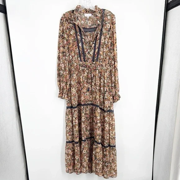 Lost + Wander Flower Power Maxi Dress Tiered Prairie size Medium Blue Peach - Picture 2 of 14